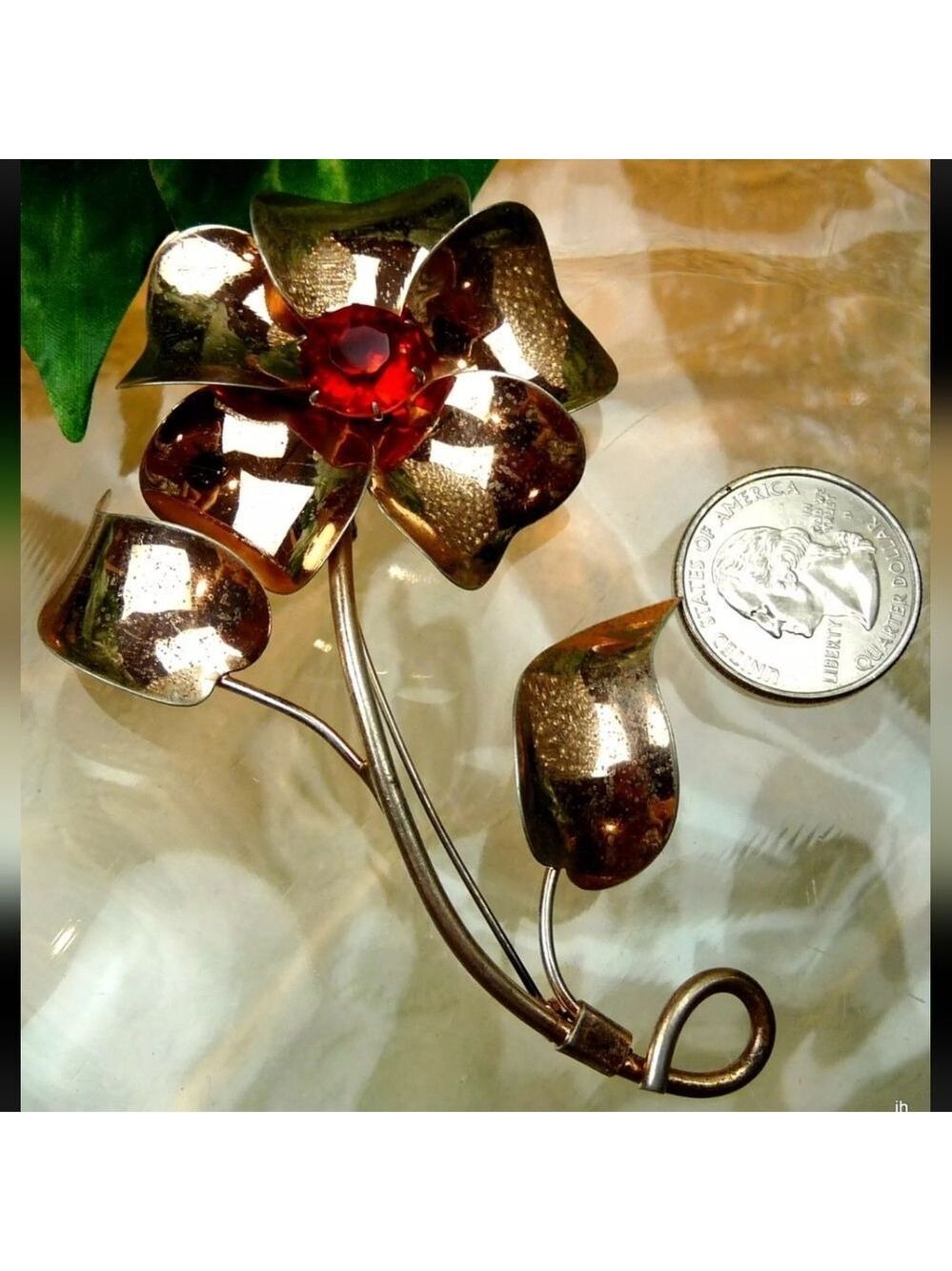 STERLING BY JORDON SIGNED 3 7/8" GOLD ON 925 SILVER RED GLASS FLOWER PIN BROOCH